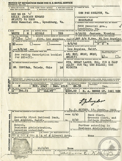 Kelly, Jackson E. - WWII Document