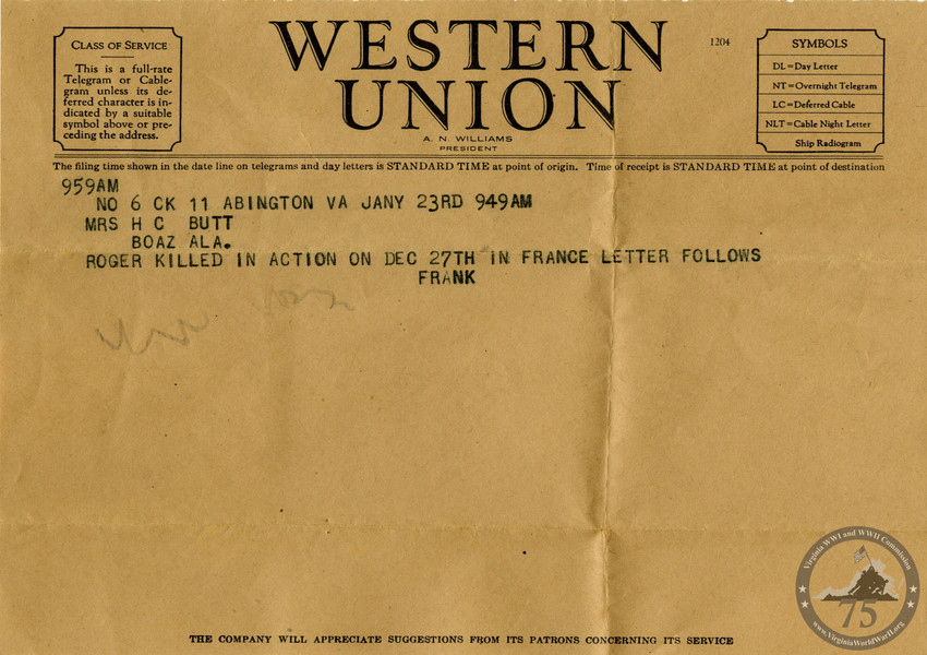 Butt, Roger N. - WWII Telegram