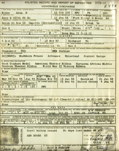 Hobbs, Aron - WWII Document