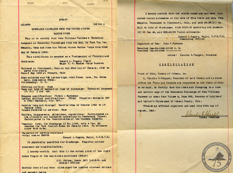 Barrows, John William - WWII Document