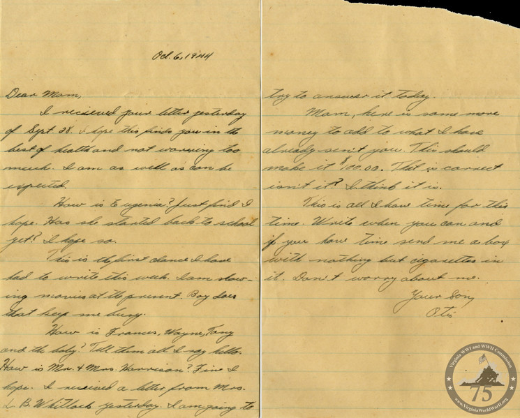 Newsome, Otis - WWII Letter