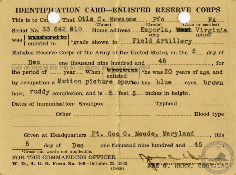 Newsome, Otis - WWII Document